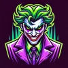 A vibrant, stylized Joker-inspired character with a mischievous, sinister smile, featuring bright green hair and a purple suit, set against a dark background.